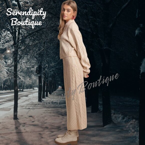 Snuggle Comfy High Neck Long Sleeve Zip Up Cardigan Maxi Skirt Sweater Set - Picture 9 of 12